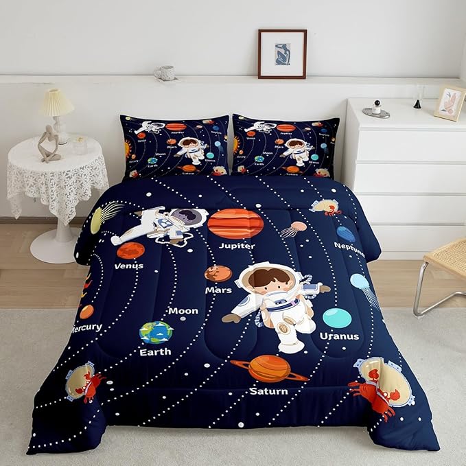 Feelyou Solar System Comforter Set King Size Outer Space Comforter for Kids Teens Adults Universe Planets Bedding Set Cute Astronaut Blue Duvet Set Room Decor 3Pcs with 2 Pillow Case - LeafyLoom