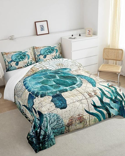 Turtle Bedding Teal Turtle Comforter Set Turquoise Ocean Themed Mediterranean Style Printed Design Ocean Turtle Down Comforter Quilted Duvet Set King Size 1 Comforter 2 Pillowcases (King, Turtle) - LeafyLoom