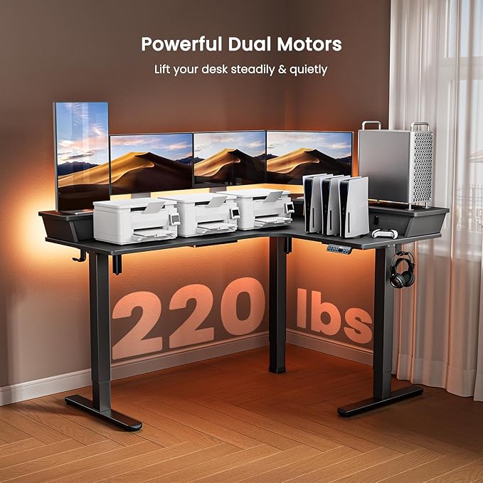 ErGear 65″ L Shaped Gaming Desk with 3 Drawers, Standing Desk Height Adjustable w/Monitor Shelf [C-Clamp Mount Compatible], Corner Stand up Desk w/Cable Management Trays for Home Office, Black - LeafyLoom