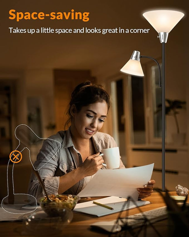 LEPOWER Floor Lamp, Standing Lamp with Replaceable 3000K Energy-Saving LED Bulbs,9W Lamp for Living Room with 5W Adjustable Reading Light, Modern Bright Floor Lamp for Bedroom, Living Room, Office - LeafyLoom