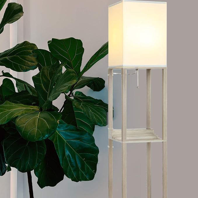 Brightech Maxwell Charger - Modern Shelf Floor Lamp with USB Charging Ports & Electric Outlet - Corner Display Floor Lamps with Shelves for Living Room, Bedroom and Office - Rustic Wood - LeafyLoom