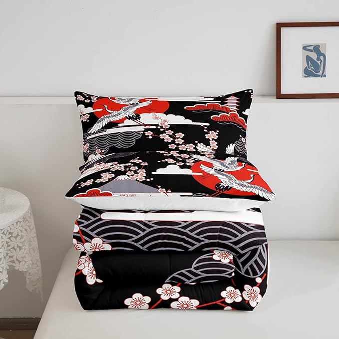 Japanese-Style Comforter Set Queen Size Crane Printed Cherry Blossoms Decor Down Comforter, for Adult Women Girls Teens Japanese Traditional Pattern Quilted Duvet Ukiyoe Theme Bedding Comforter - LeafyLoom