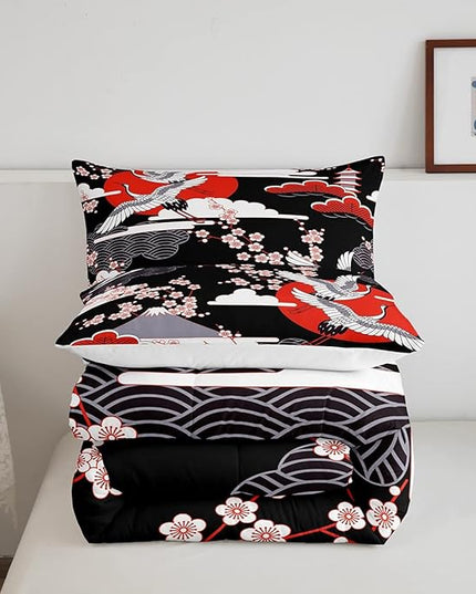 Japanese-Style Comforter Set Full Size Crane Printed Cherry Blossoms Decor Down Comforter, for Adult Women Girls Teens Japanese Traditional Pattern Quilted Duvet Ukiyoe Theme Bedding Comforters - LeafyLoom