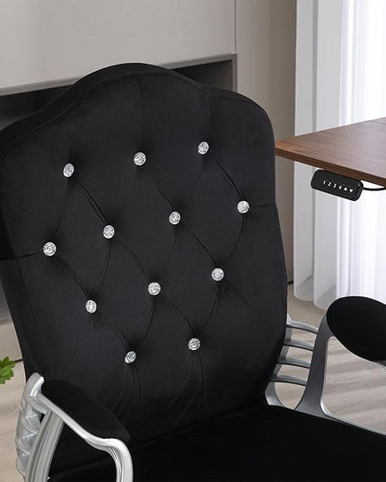 Vinsetto Home Office Chair, Velvet Computer Chair, Button Tufted Desk Chair with Swivel Wheels, Adjustable Height, and Tilt Function, Black - LeafyLoom