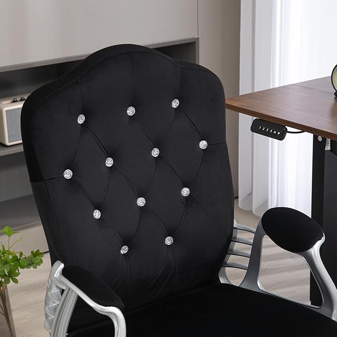 Vinsetto Home Office Chair, Velvet Computer Chair, Button Tufted Desk Chair with Swivel Wheels, Adjustable Height, and Tilt Function, Black - LeafyLoom