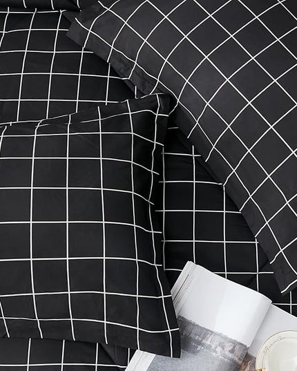 Andency Black Grid Comforter Set King Size (104x90 Inch), 3 Pieces(1 Grid Comforter and 2 Pillowcases), Summer Lightweight Microfiber Down Alternative Black Comforter with White Lines - LeafyLoom