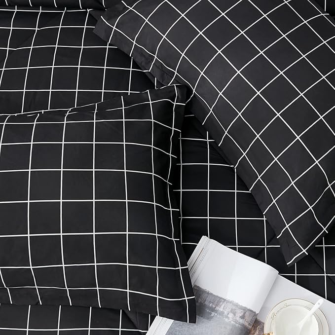 Andency Black Grid Comforter Set Queen Size (90x90 Inch), 3 Pieces(1 Grid Comforter and 2 Pillowcases), Summer Lightweight Microfiber Down Alternative Black Comforter with White Lines - LeafyLoom
