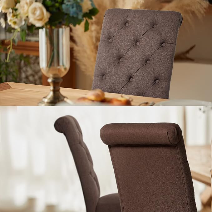 COLAMY Button Tufted Dining Chairs Set of 4, Parsons Upholstered Fabric Dining Room Chairs Kitchen Chairs with Wood Legs and Padded Seat, Brown - LeafyLoom