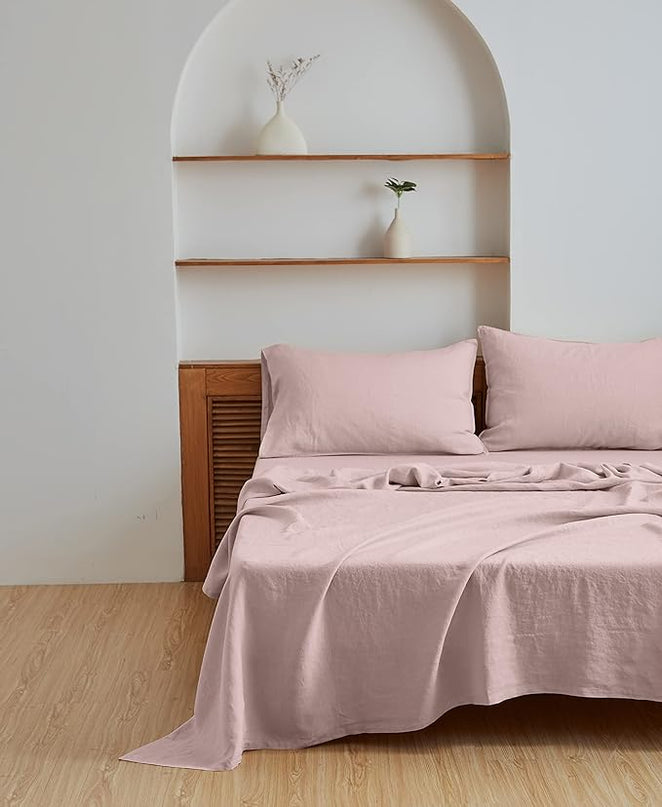 Simple&Opulence 100% Linen Sheet Set Solid Color-4 Pcs Washed French Linen Bed Sheets(1 Flat Sheet,1 Fitted Sheet,2 Pillowcases)-Breathable Bedding Set (King, Blush Pink) - LeafyLoom