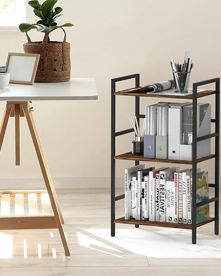CADUKE 3 Tier Bookshelf Industrial Small Bookcase Wood and Metal Book Shelf Rustic Etagere Bookshelf Brown Bookshelves with Storage for Home Office Living Room Bedroom - LeafyLoom