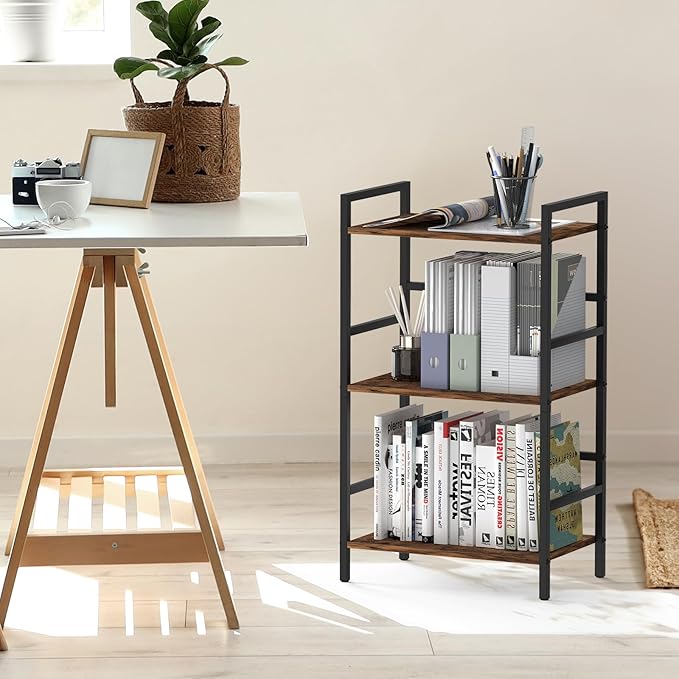 CADUKE 3 Tier Bookshelf Industrial Small Bookcase Wood and Metal Book Shelf Rustic Etagere Bookshelf Brown Bookshelves with Storage for Home Office Living Room Bedroom - LeafyLoom