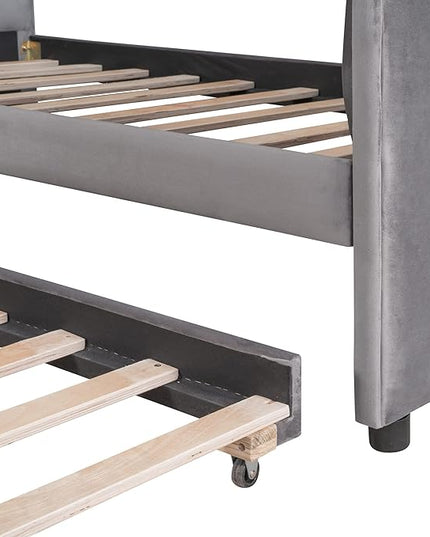 Twin Size Daybed with Trundle,Upholstered Sofa Bed W/Button & Nailhead Tufted Design Curved Armrests,Wood Slats Support,Bedframe for Bedroom Livingroom Small Space,No Box Spring Needed,Gray - LeafyLoom