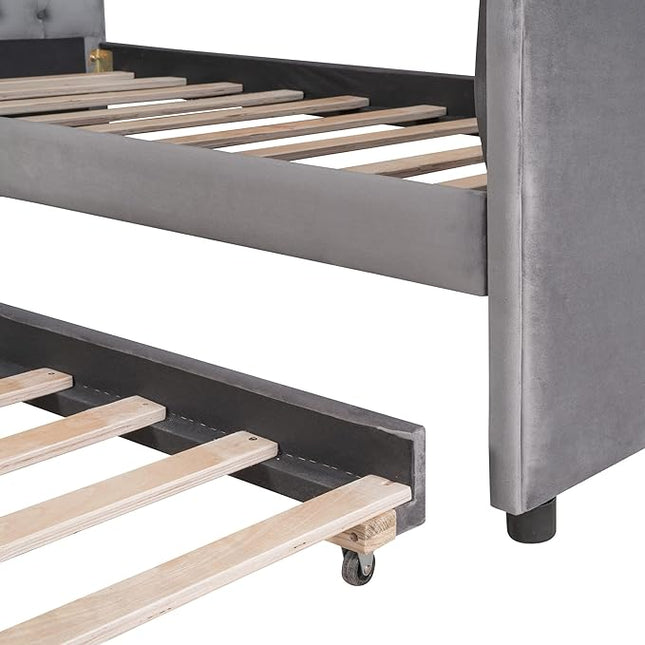 Twin Size Daybed with Trundle,Upholstered Sofa Bed W/Button & Nailhead Tufted Design Curved Armrests,Wood Slats Support,Bedframe for Bedroom Livingroom Small Space,No Box Spring Needed,Gray - LeafyLoom