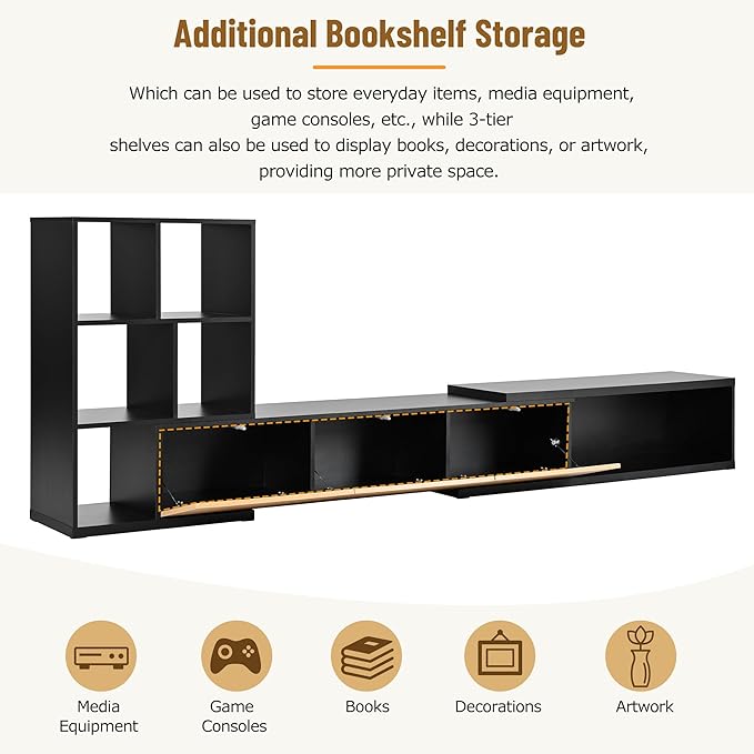Merax Extendable TV Stand for Televisions up to 110'', Adjustable Entertainment Center with Storage Cabinets and 3 Tier Bookshelves, Sliding Tabletop Media Console for Living Room, Black - LeafyLoom