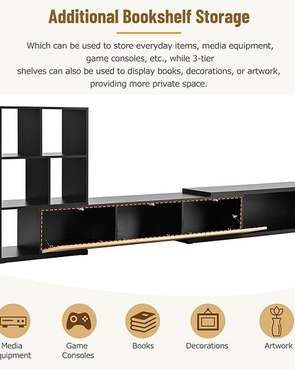 Extendable Stand with 3 Tier Bookshelves for TVs up to 110'', Adjustable Entertainment Center with Storage Cabinets, Sliding Tabletop Media Console for Living Room, Black, 126 inch Length - LeafyLoom