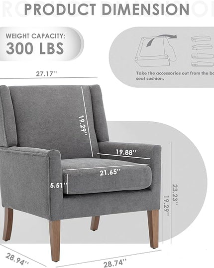 COLAMY Modern Wingback Living Room Chair, Upholstered Fabric Accent Armchair, Single Sofa chair with Lounge Seat and Wood Legs for Bedroom/Office/Reading Spaces, Gery - LeafyLoom