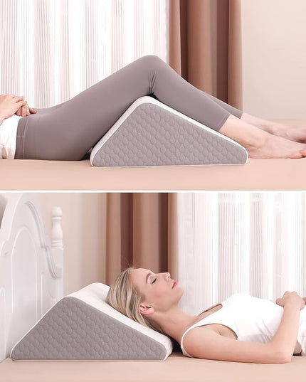 Forias Knee Wedge Pillow 8" Pure Memory Foam Bed Wedge Pillow for Sleeping After Surgery Triangle Pillow for Knee Support Leg Elevation Sciatica Knee Hip Back Pain Relief - Gray & White - LeafyLoom