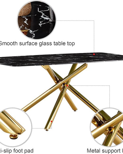 NicBex Large Modern Minimalist Rectangular Dining Table with 0.39 "Imitation Marble Black Tabletop and Golden Metal Legs for Kitchen Dining Living Meeting Room Banquet Hall, Black - LeafyLoom