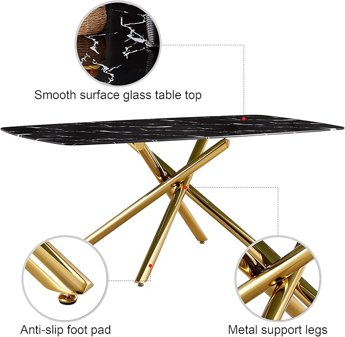 NicBex Large Modern Minimalist Rectangular Dining Table with 0.39 "Imitation Marble Black Tabletop and Golden Metal Legs for Kitchen Dining Living Meeting Room Banquet Hall, Black - LeafyLoom