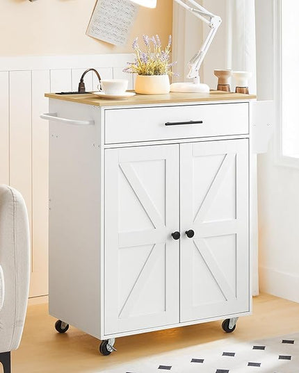 HOOBRO Kitchen Island with Power Outlet, Kitchen Storage Island with Large Worktop, Spice Rack and Drawer, Rolling Kitchen Cart on Wheels, for Kitchen and Dining Room, White and Natural WN88UZD01 - LeafyLoom
