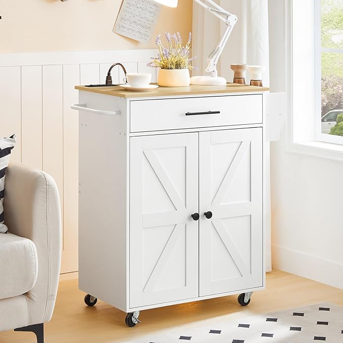HOOBRO Kitchen Island with Power Outlet, Kitchen Storage Island with Large Worktop, Spice Rack and Drawer, Rolling Kitchen Cart on Wheels, for Kitchen and Dining Room, White and Natural WN88UZD01 - LeafyLoom