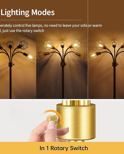 Gold Floor Lamp,Industrial Floor Lamps for Living Room,Tree Standing Lamp Bright with 5 Charm Diamond Head 2000 Lumens LED Bulbs,3 Way Switch,Modern Stand up Lamp for Bedroom Office Farmhouse - LeafyLoom