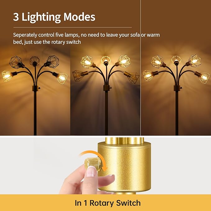 Gold Floor Lamp,Industrial Floor Lamps for Living Room,Tree Standing Lamp Bright with 5 Charm Diamond Head 2000 Lumens LED Bulbs,3 Way Switch,Modern Stand up Lamp for Bedroom Office Farmhouse - LeafyLoom
