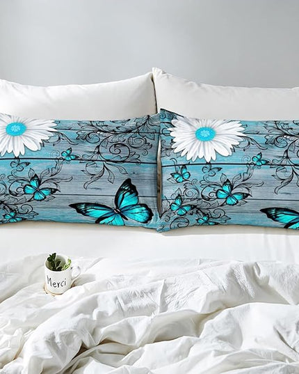 Butterfly Bedding Sets for Girls Teens Women Bedroom Rustic Flower Comforter Set King Size,Blue Butterflies White Chic Floral Duvet Set Retro Vintage Romantic Style Quilt Set Soft Lightweight - LeafyLoom