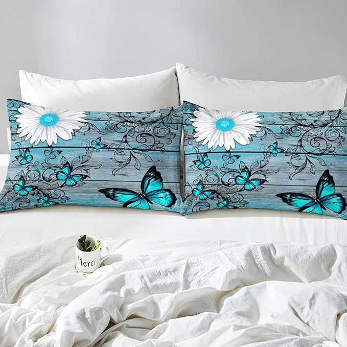 Butterfly Bedding Sets for Girls Teens Women Bedroom Rustic Flower Comforter Set King Size,Blue Butterflies White Chic Floral Duvet Set Retro Vintage Romantic Style Quilt Set Soft Lightweight - LeafyLoom