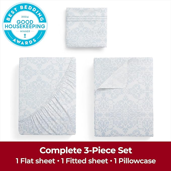 Mellanni Extra Deep Twin XL Sheets - 3 PC Iconic Collection Bedding Sheets & Pillowcases - Luxury, Ultra Soft, Cooling Bed Sheets - Extra Deep Pocket up to 21 inch (Twin Extra Long, Laced Sky Blue) - LeafyLoom