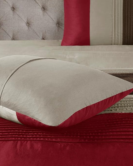 Madison Park Amherst Faux Silk Comforter Set-Casual Contemporary Design All Season Down Alternative Bedding, Matching Shams, Bedskirt, Decorative Pillows, Queen(90"x90"), Red, 7 Piece (MP10-037) - LeafyLoom