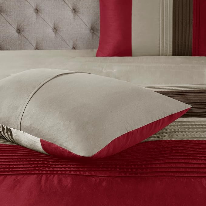 Madison Park Amherst Faux Silk Comforter Set-Casual Contemporary Design All Season Down Alternative Bedding, Matching Shams, Bedskirt, Decorative Pillows, Queen(90"x90"), Red, 7 Piece (MP10-037) - LeafyLoom