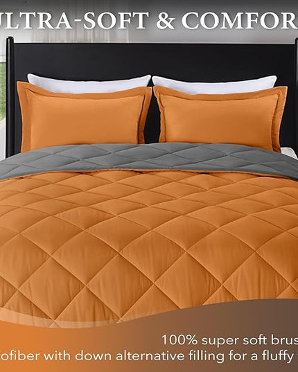 downluxe Queen Comforter Set - Burnt Orange and Grey Queen Comforter, Soft Bedding Sets for All Seasons -3 Pieces - 1 Comforter (88"x92") and 2 Pillow Shams(20"x26") - LeafyLoom