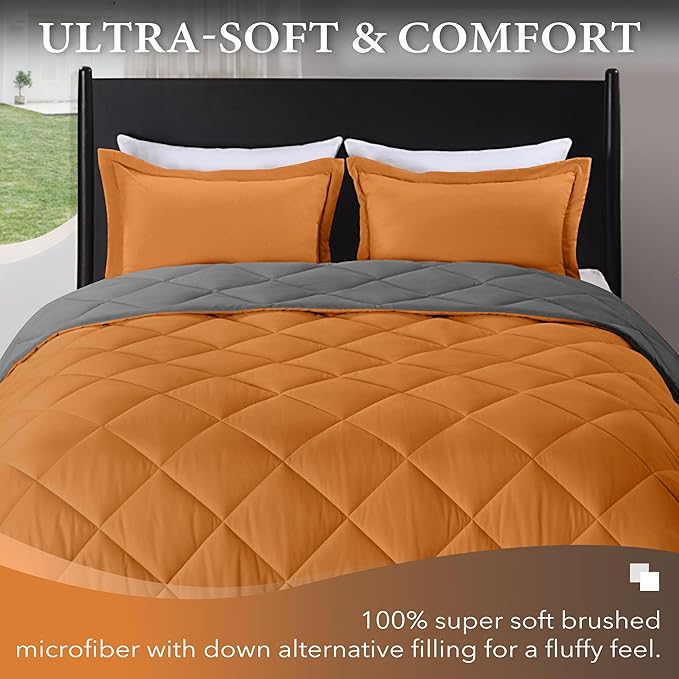 downluxe Queen Comforter Set - Burnt Orange and Grey Queen Comforter, Soft Bedding Sets for All Seasons -3 Pieces - 1 Comforter (88"x92") and 2 Pillow Shams(20"x26") - LeafyLoom