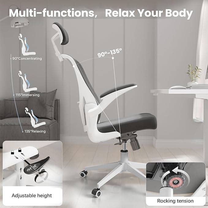 Ergonomic Office Chair - Comfy Desk Chairs with Wheels and Arms, 500LB Heavy Duty Mesh Computer Chairs with Comfortable Head Lumbar Back Support for Office, Bedroom, Study and College Dorm - LeafyLoom