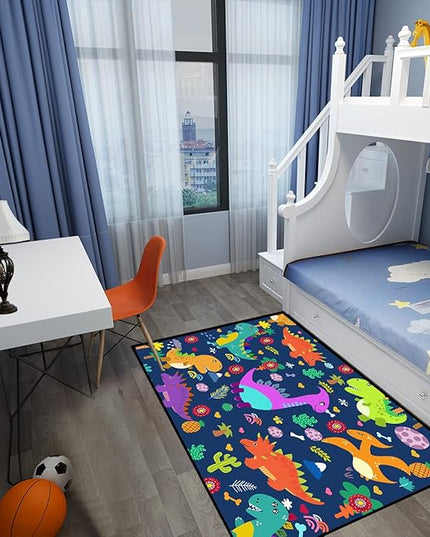 Dinosaur Rugs for Boys Bedroom Dinosaur Play Rug Kids Room Rug Dinosaur Area Rug Cartoon Dinosaur Carpet Cute Dinosaur Mat Dinosaur Rug for Living Room Bedroom Playroom, Blue 4'×5' - LeafyLoom