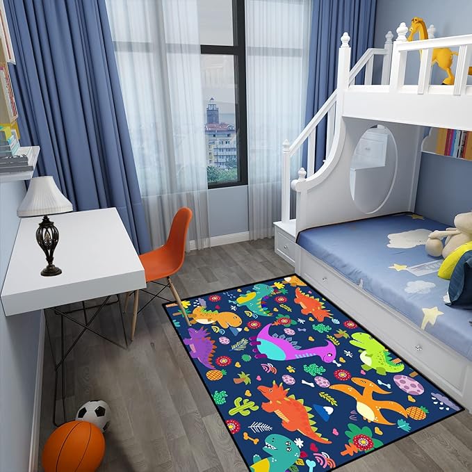 Dinosaur Rugs for Boys Bedroom Dinosaur Play Rug Kids Room Rug Dinosaur Area Rug Cartoon Dinosaur Carpet Cute Dinosaur Mat Dinosaur Rug for Living Room Bedroom Playroom, Blue 3'×5' - LeafyLoom