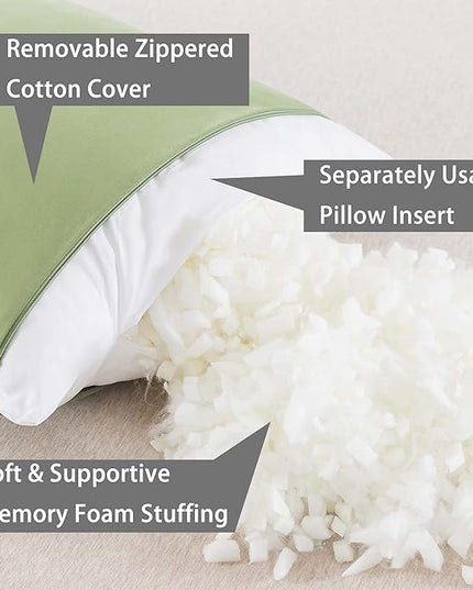 WhatsBedding Memory Foam Body Pillow with Breathable Zippered Cotton Cover, Full Body Pillow for Adults, Long Pillow for Sleeping, Firm Body Pillow Fluffy Supportive - Sage Green - LeafyLoom