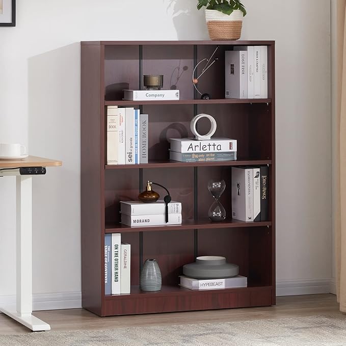 Farini Mahogany Bookshelf for Bedroom 4 Shelf Office Bookcase 48 Inches Tall Modern Wood Bookshelf for Living Room 4 Tier Wide Manga Bookshelf Library Bookcase - LeafyLoom