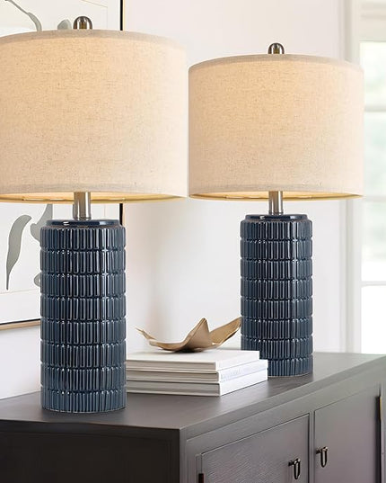 PoKat 23" Blue Table Lamp, Farmhouse Bedside Lamps for Bedroom Set of 2, Ceramic End Table Lamps for Living Room, Traditional Nightstand Desk Lamps, Medium - LeafyLoom
