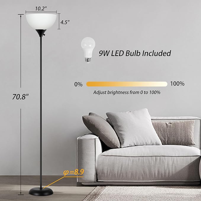Floor Lamps for Living Room, Dimmable LED Modern Simple Standing Lamp, Tall Lamps for Bedroom Office Dining Room Kitchen, Minimalist Black Pole Lamp with Rotary Switch, 9W LED Bulb Included - LeafyLoom