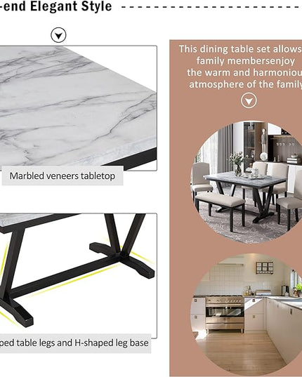 60 Inch Dining Table Set for 6, Modern 6-Piece Dining Table and Chair Set with Marbled Veneers Tabletop and V-shaped Table Legs, Dining Room Table Set for Living Room, Marble White - LeafyLoom