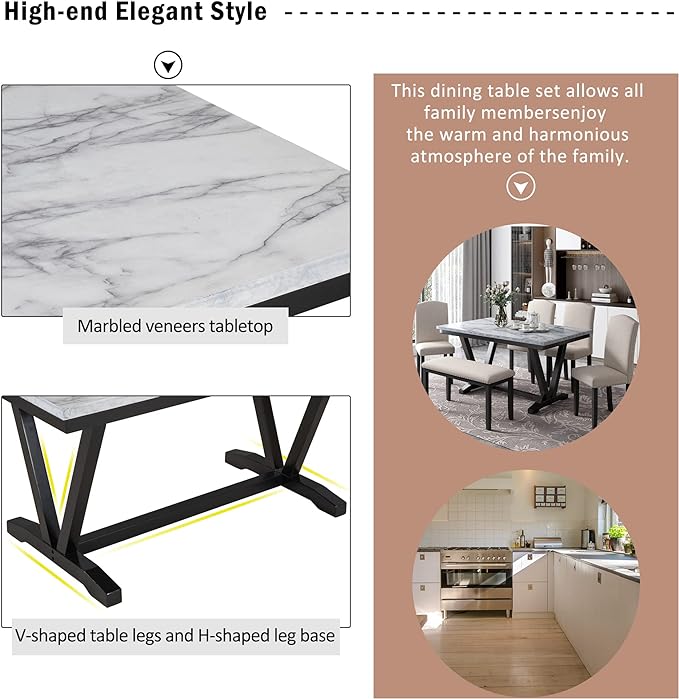 Merax Modern Style 6-Person Dining Table Set with 4 Chairs & a Bench, Marbled Veneers Tabletop and V-Shaped Legs, White(6pcs) - LeafyLoom