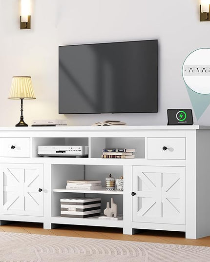 YITAHOME Farmhouse TV Stand, Entertainment Center with Power Outlet for TVs Up to 80 Inch, TV Console with Storage Drawer & Movable Partition, Rustic TV Stand for Living Room, 70" White - LeafyLoom