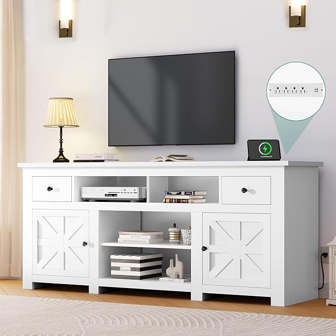 YITAHOME Farmhouse TV Stand, Entertainment Center with Power Outlet for TVs Up to 80 Inch, TV Console with Storage Drawer & Movable Partition, Rustic TV Stand for Living Room, 70" White - LeafyLoom