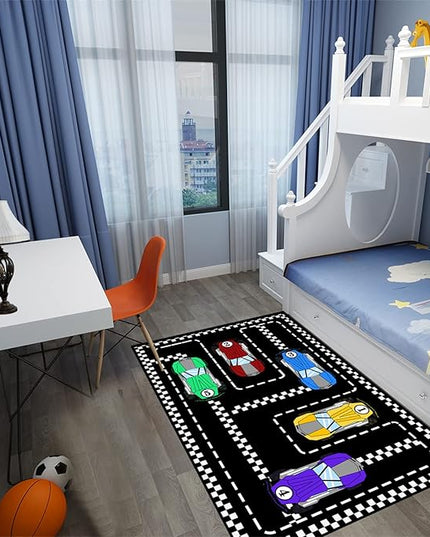 Car Rug Race Car Rug Car Track Rugs for Boys Race Track Carpet Race Car Track Rug Car Rug for Boys Room Car Rug Play Mat Car Carpet for Kids Rugs for Boys Bedroom,Black 3'×4' - LeafyLoom