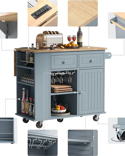 Kitchen Island Drop Leaf & Power Outlet, Mobile Cart w/Open Storage Wine Rack, Lockable Universal Wheels and Unfolded Tabletop, for Home, Dining Room, Grey Blue, 39.8 Inch - LeafyLoom