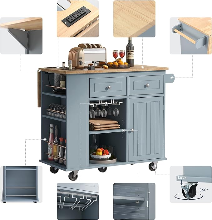 Kitchen Island Drop Leaf & Power Outlet, Mobile Cart w/Open Storage Wine Rack, Lockable Universal Wheels and Unfolded Tabletop, for Home, Dining Room, Grey Blue, 39.8 Inch - LeafyLoom