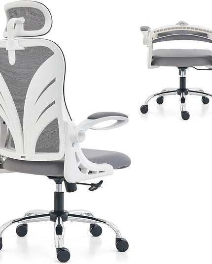 Ergonomic Office Chair with Foldable Backrest, Computer Desk Chair with Flip-up Armrests, Mesh Lumbar Support and 2D Headrest Big and Tall Office Chair, White - LeafyLoom