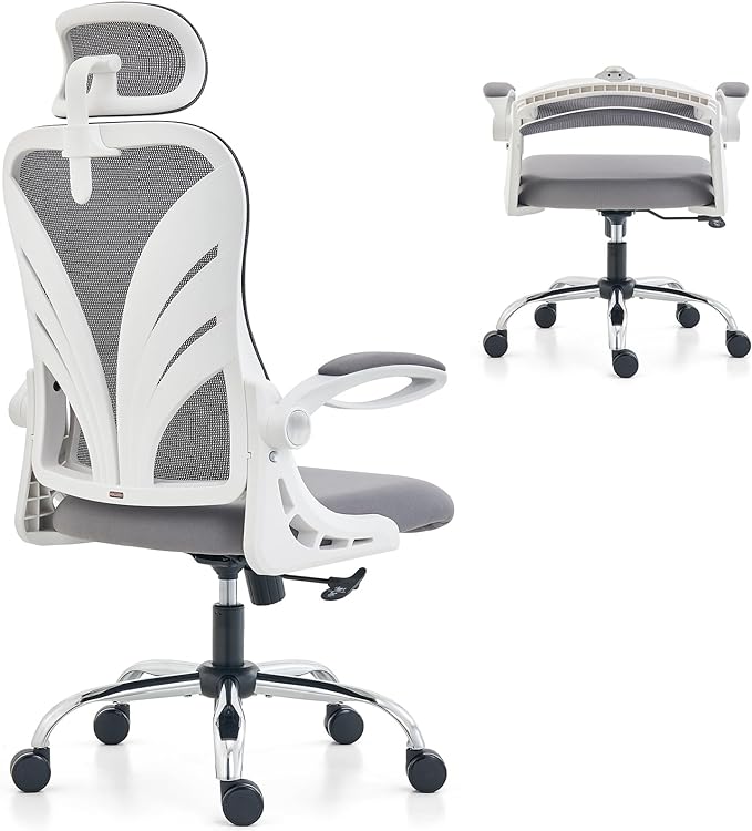 Ergonomic Office Chair with Foldable Backrest, Computer Desk Chair with Flip-up Armrests, Mesh Lumbar Support and 2D Headrest Big and Tall Office Chair, White - LeafyLoom